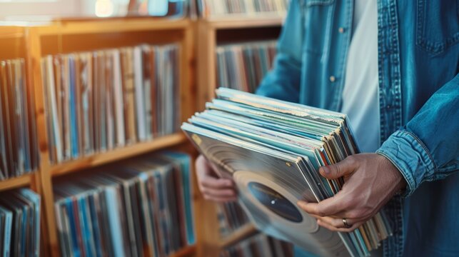 Closeup of a person in denim jacket holding a collection of vinyl records in a music shop with a bright, warm background and clear copy space