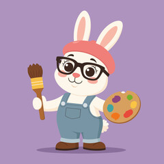 White Rabbit Artist with Paintbrush and Palette, Whimsical Illustration with Transparent Background