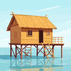 Wooden Hut on Stilts with Transparent Background, Watercolor Illustration for Branding