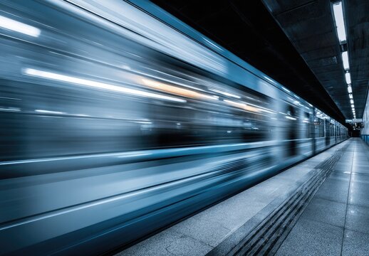 Fast subway train in dark station