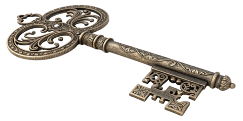 Ornate Antique Skeleton Key 3D Render, Isolated on Transparent Background, Vintage, Metal, Secret, Skeleton Key, Antique Key, 3D Model