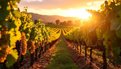 Vineyard rows at sunset