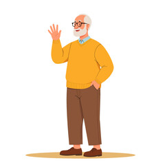 Yellow Elderly Gentleman Waving Hand, Casual Illustration with Transparent Background