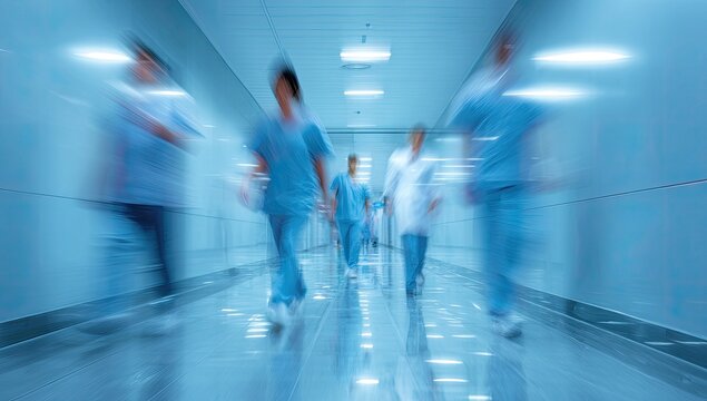 Blurred motion of medical staff in a hospital corridor