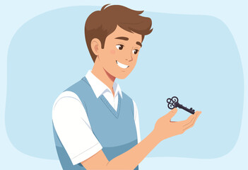 Young Man Holding Antique Key, Blue Vest and White Shirt, Clear Background, Illustration for Web Design