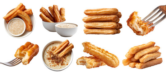 Set of crispy golden-brown Youtiao, Chinese fried dough crullers, breakfast, fork, white bowl plate, rice congee porridge, halved broken pile stack on transparent cutout PNG. Mockup template	
