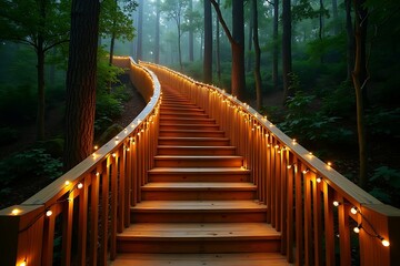 Obraz premium Wooden staircase with string lights in a misty forest