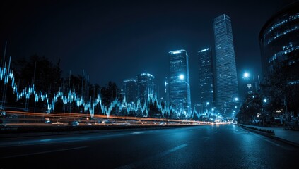 Urban cityscape at night with luminous traffic patterns