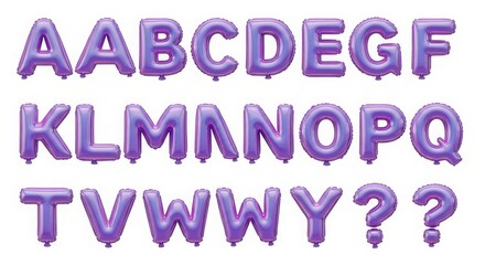 A vibrant collection of purple alphabet letter balloons including question marks arranged in rows against a clean white background perfect for celebrations