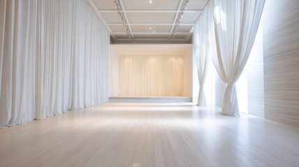 Fototapeta premium minimalistic bright stage scene, empty modern theater, clean architectural lines, soft white lighting, wide angle view, elegant curtains slightly opened