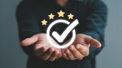 Person holding glowing check mark and stars hands open hands