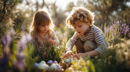 Two Young Children Discover Colorful Easter Eggs In A Garden