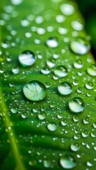 Green leaf glistening with fresh water drops, a macro view of nature's wet embrace