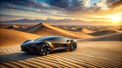 A futuristic sports car glides across the sand dunes of a vast desert during a breathtaking sunset