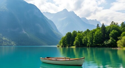 Obraz premium Serene wooden rowboat floats on a turquoise mountain lake surrounded by lush green forest