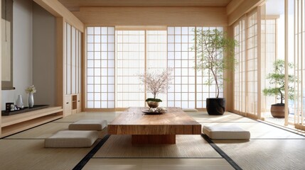 modern Japanese tea room interior, tatami mats, low wooden table, sliding shoji screens, ikebana arrangement, peaceful atmosphere