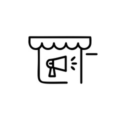 Outline icon a storefront with a megaphone sound waves shop building