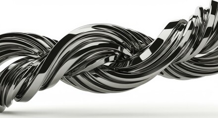 Abstract metallic dna helix with swirling silver and black strands representing science technology and complex organic structures in a dynamic modern aesthetic