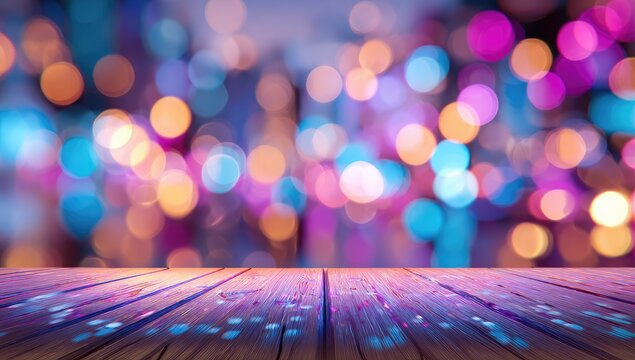 Vibrant bokeh lights on a wooden surface - Powered by Adobe