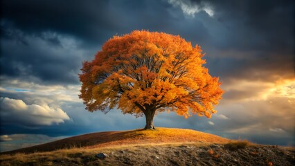 A solitary tree ablaze with vibrant orange autumn leaves stands on a hill against a dramatic sunset sky