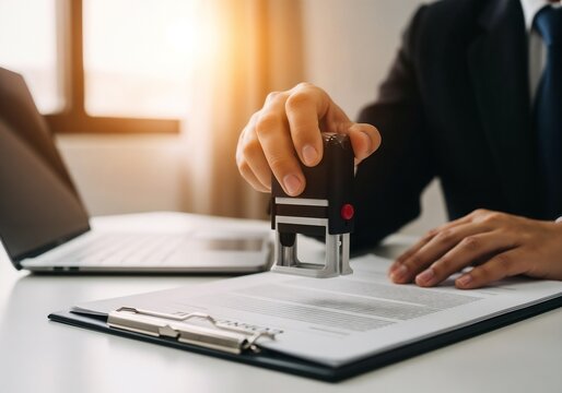 A photorealistic, cinematic shot of a businessman in a suit at an office desk. The primary focus is on his hand, holding a self-inking stamp and poised to approve a document on a clipboard. The scene 