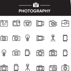 Digital Photography Equipment and Camera Gear Outline Icons