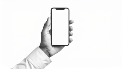 Black and white hand in a white shirt holding a phone with an empty screen isolated on white background - element for collage