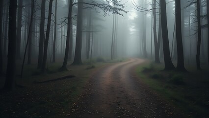Misty forest with diverging paths and atmospheric lighting
