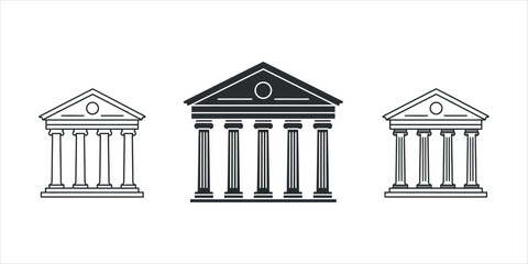 Three Greek Roman columned building icons in black and white architecture pillar