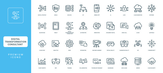 digital transformation consulting strategy technology concepts, analytics cloud gear lightbulb sync, minimal thin line web outline icons collection, simple vector illustration