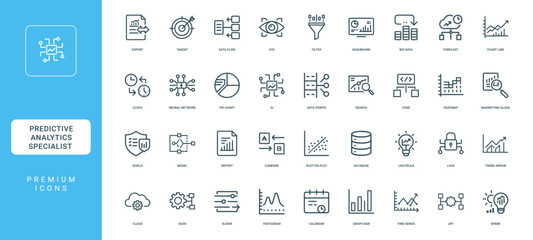 predictive analytics data analysis statistical modeling, engineering transformation solutions data innovation, minimal thin line web outline icons collection, simple vector illustration