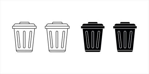 Two outline and two solid black trash can icons on white background garbage can waste bin