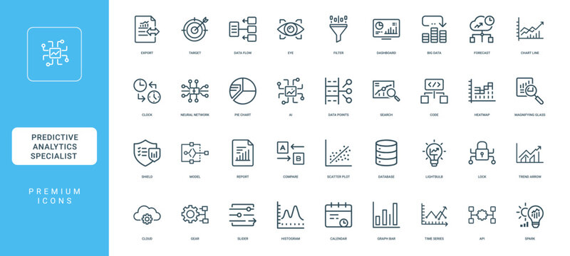 predictive analytics data analysis statistical modeling, engineering transformation solutions data innovation, minimal thin line web outline icons collection, simple vector illustration