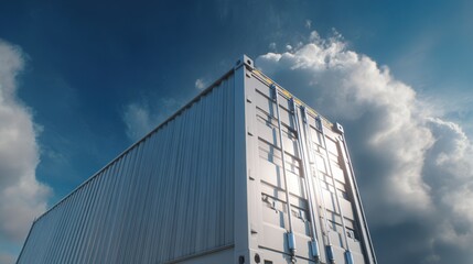Close-up of a shipping container, with a blue sky and clouds in the background