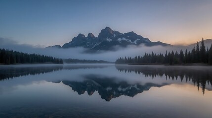 Fototapeta premium A scenic view of a mountain range reflected in a calm lake with trees and fog in the background light