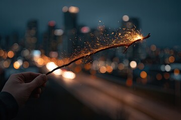 A hand holding a sparkler against a city skyline at night