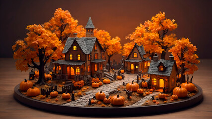 Kawaii 3D Halloween town with pumpkins, haunted houses, and lanterns. Spooky and cute on circular platform. No text or people, neutral background.