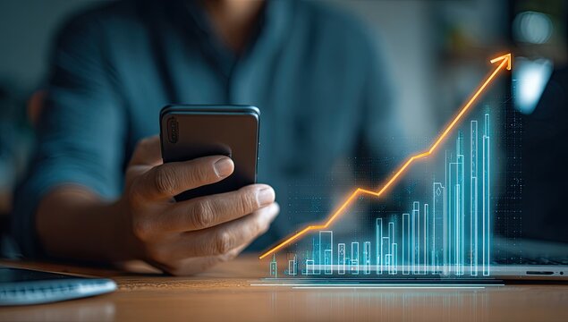 Businessman using mobile phone, overlaid with growing graph