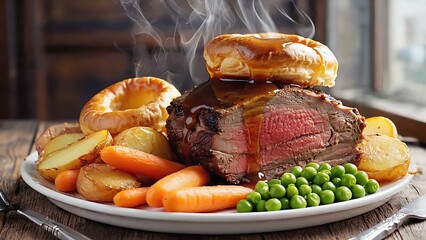 Delicious roast beef dinner with Yorkshire pudding, potatoes, carrots, and peas, a culinary delight.