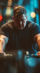 Obese man doing back workout on row machine in gym