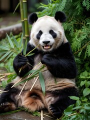 Fototapeta premium Panda Eating Bamboo in Lush Forest