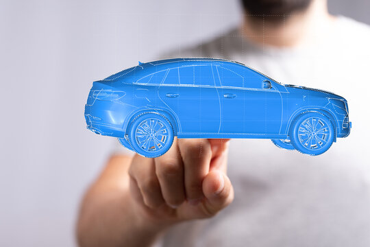 Person interacting with a digital 3D model of a blue luxury SUV.  Perfect for automotive technology. - Powered by Adobe