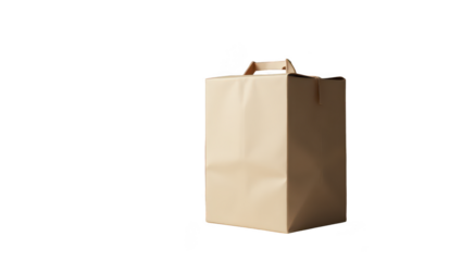 Beige paper bag with handle against a black background.