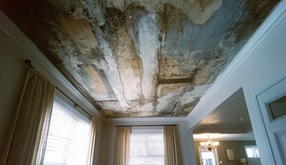 Interior ceiling with a distressed, layered appearance.  A hallway view