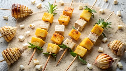 Photo of assortment of grilled food skewers featuring cubes of pineapple and corn on the cob, arranged on a textured surface with scattered cubes