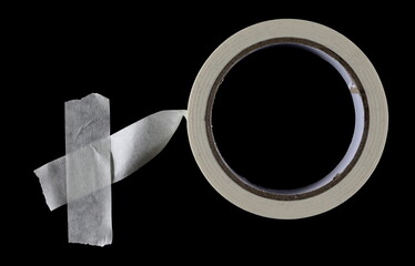 paper adhesive tape and cardboard roll isolated on black background, top view, clipping path