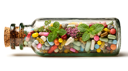 Glass bottle filled with colorful pills capsules and fresh green mint leaves on white background
