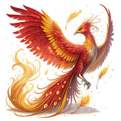 A magical phoenix with radiant red, orange, and golden feathers. Its wings are slightly spread, as if ready to take flight, and its long tail glows with embers
