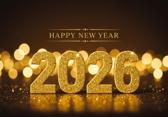 Happy new year 2026 with glittering gold numbers and bokeh lights