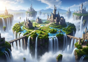 Magical Floating Islands with Majestic Castles and Waterfalls in a Fantasy World